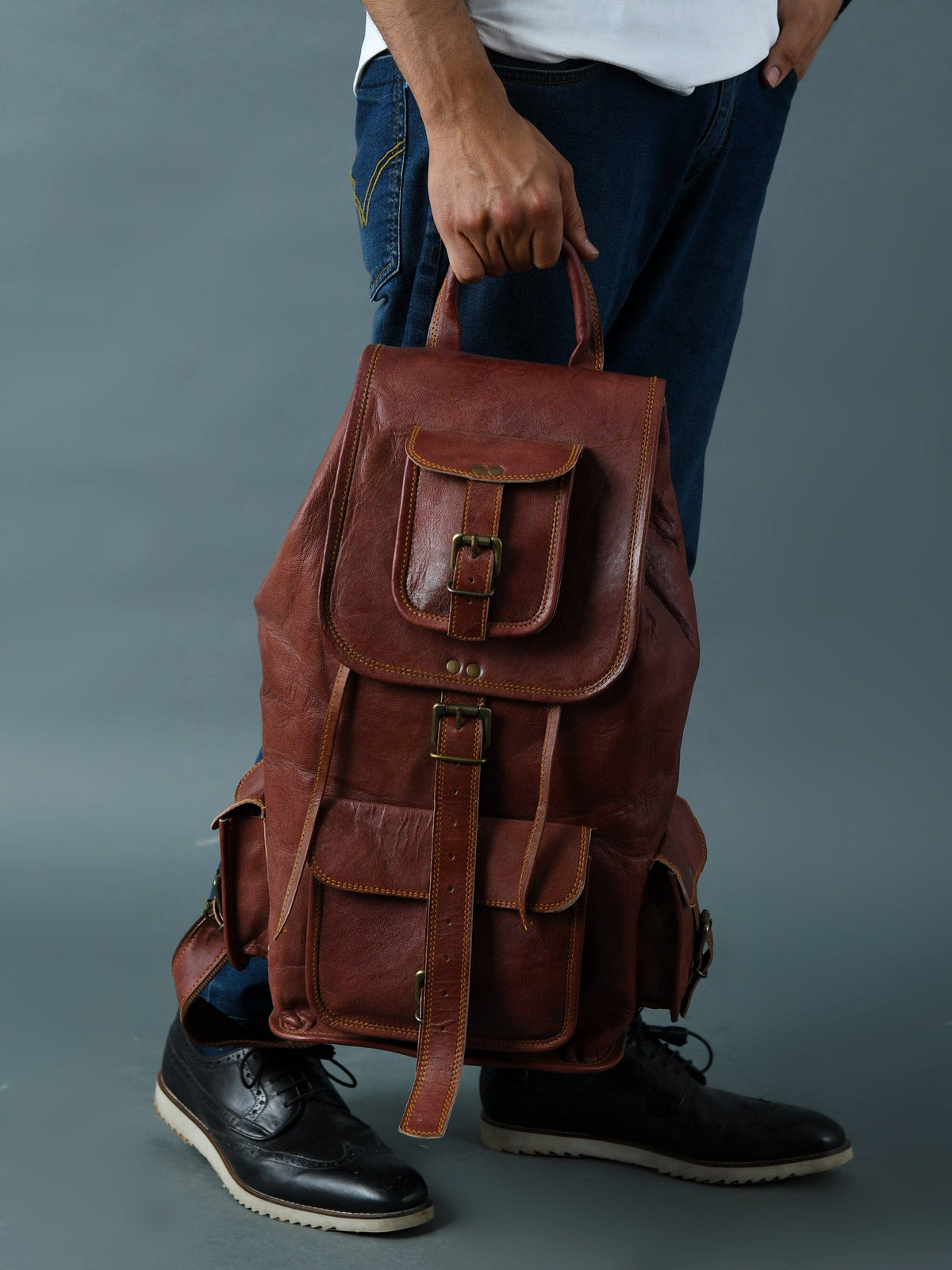 Rictus Hiking Backpack- Walnut Brown by Classy Leather Bags