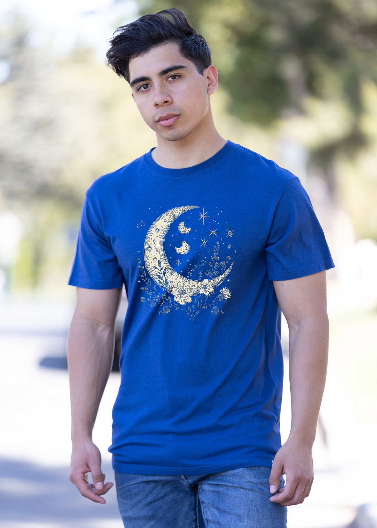 Moons and Stars Boho Flowers Vintage unisex bamboo graphic T-shirt – view 3