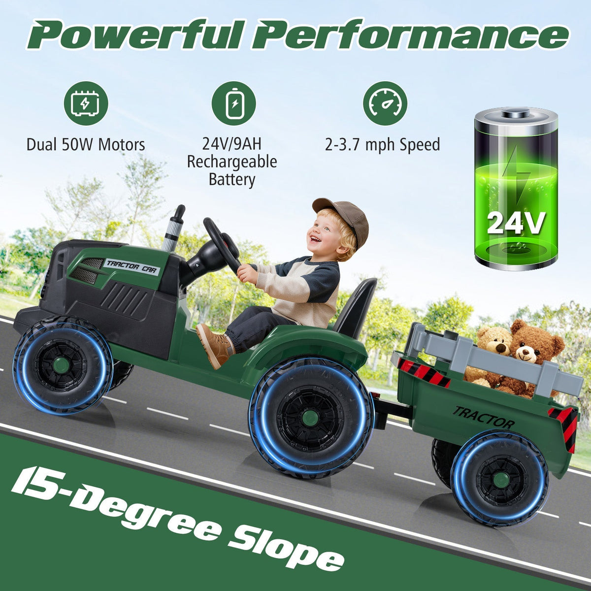 24V Ride On Tractor for Kids Electric Vehicle with Detachable Trailer and Remote ControlTorqelo.com