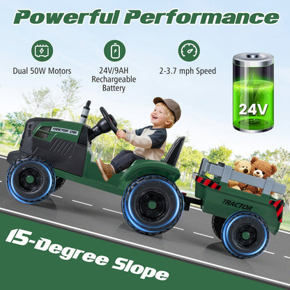 24V Ride On Tractor for Kids Electric Vehicle with Detachable Trailer and Remote ControlTorqelo.com