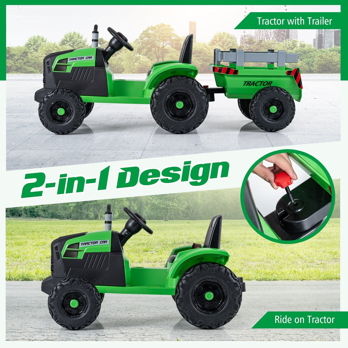 24V Ride On Tractor for Kids Electric Vehicle with Detachable Trailer and Remote ControlTorqelo.com