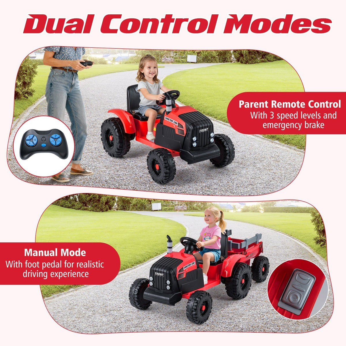 24V Ride On Tractor for Kids Electric Vehicle with Detachable Trailer and Remote ControlTorqelo.com