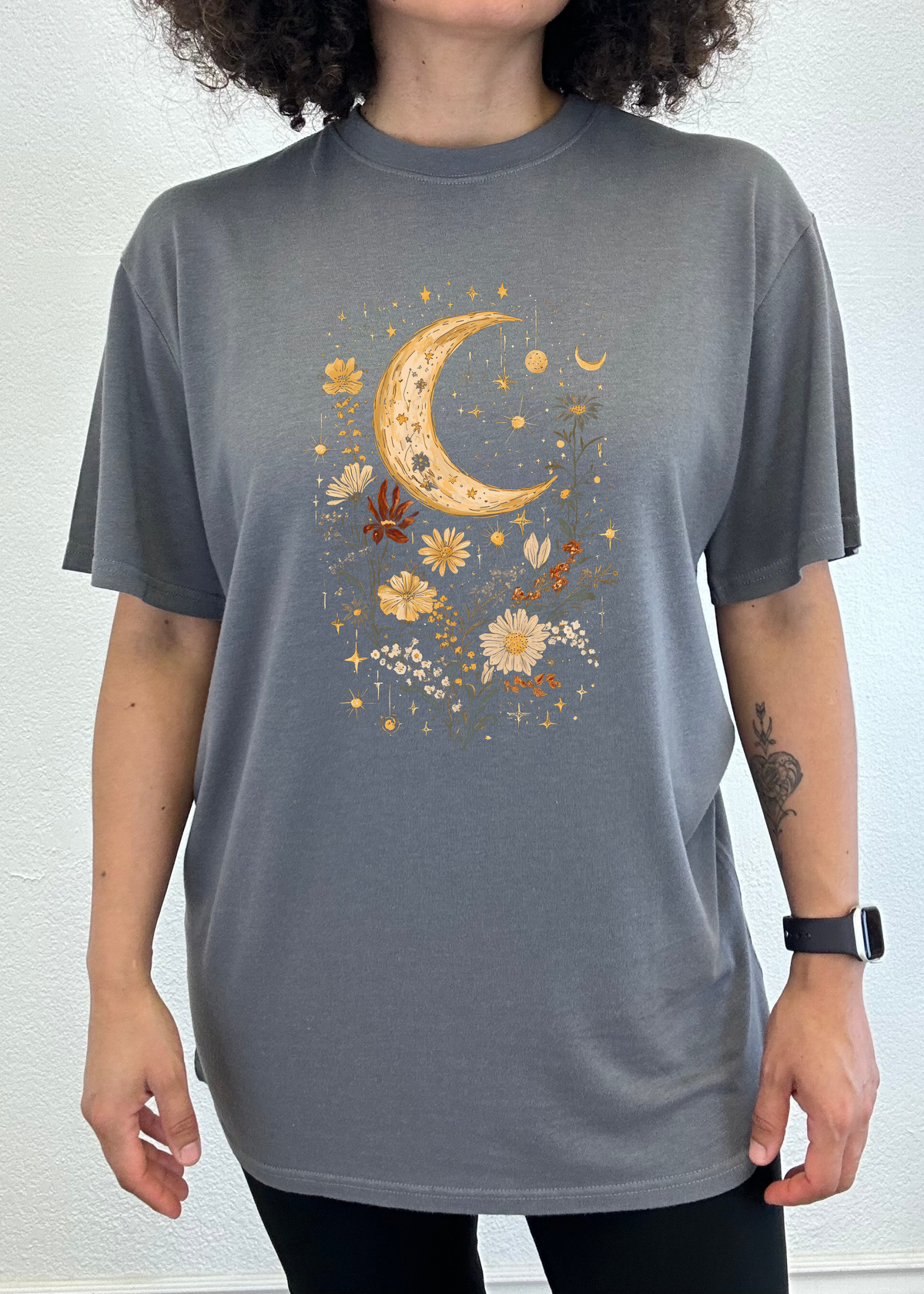 Celestial Moon Boho Flowers Vintage unisex bamboo graphic T-shirt – view 4