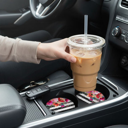 Floral Car Coaster - Black White Stripe Sandstone Moisture Absorbing Coaster by Joyful Moose