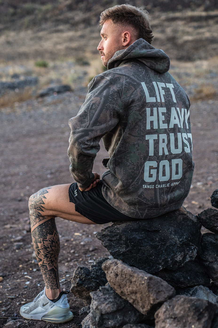 Lift Heavy. Trust God. - Premium Darkwood Camo Hoodie by Tango Charlie Apparel