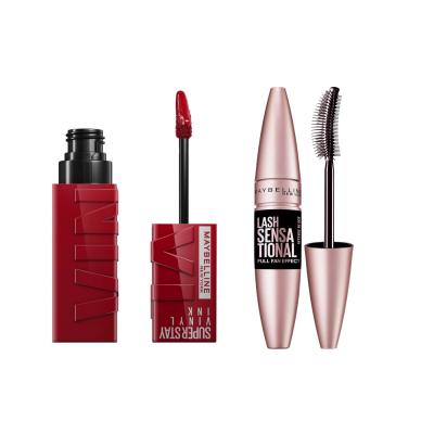 Maybelline: Lash Sensational Mascara & Super Stay Vinyl Ink Lipstick Set - Intense Black Lashes, Long-Lasting Red Lipstick, Makeup Gift Set by Beauty Care Bag