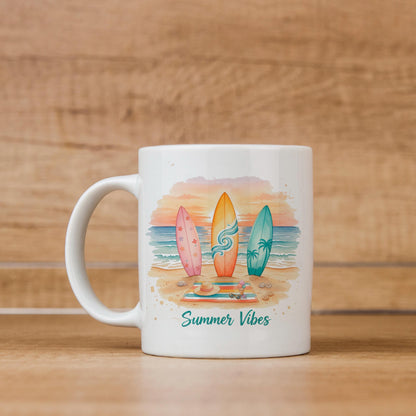 Summer Vibes Mug – Coastal Coffee Cup With Surfboard Art And Ocean Sunset Design by Joyful Moose