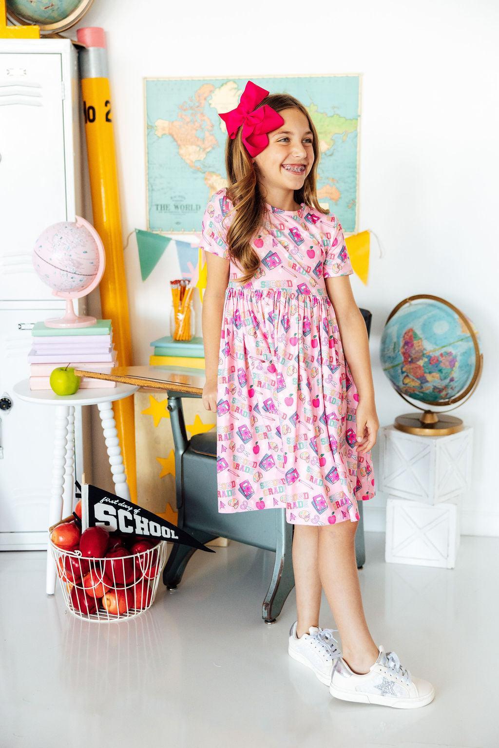 Mila & Rose 2nd Grade short sleeve pocket twirl dress, view 4
