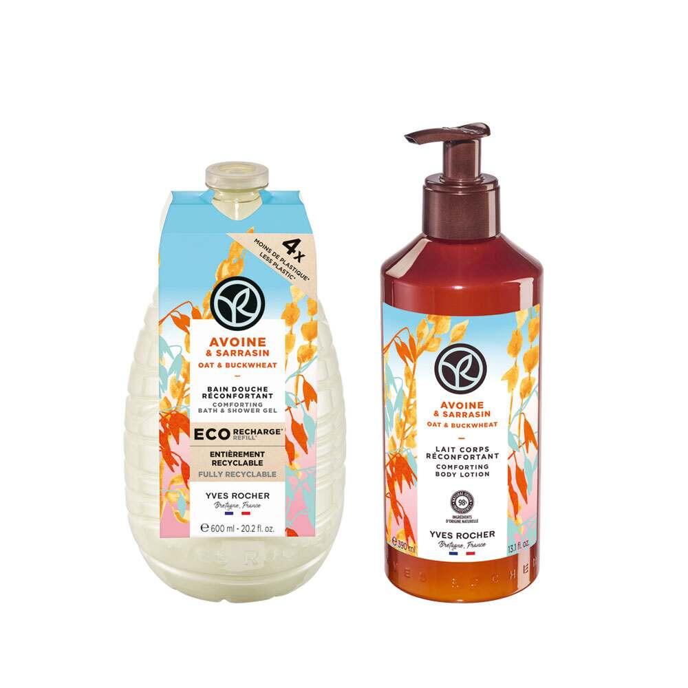 Oat & Buckwheat Refillable Shower Gel & Body Lotion Set - Eco-Friendly Moisturizing Skincare for Dry/Sensitive Skin by Beauty Care Bag