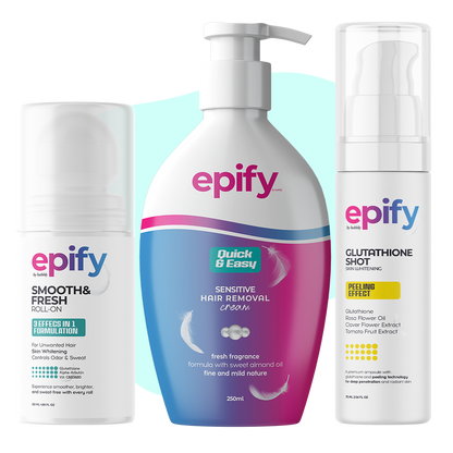 Epify Underarm Care Set, Hair Removal Cream, Glutathione Shot &amp; 3-in-1 Roll-On, 3-Step Underarm Routine by Beauty Care Bag