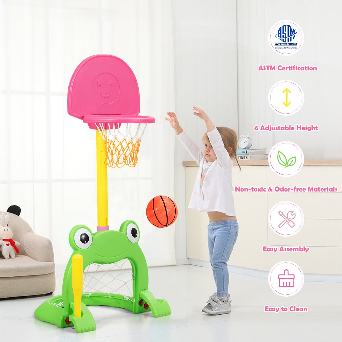 Frog-themed 3-in-1 kids basketball hoop set by GBruno Store, view 6
