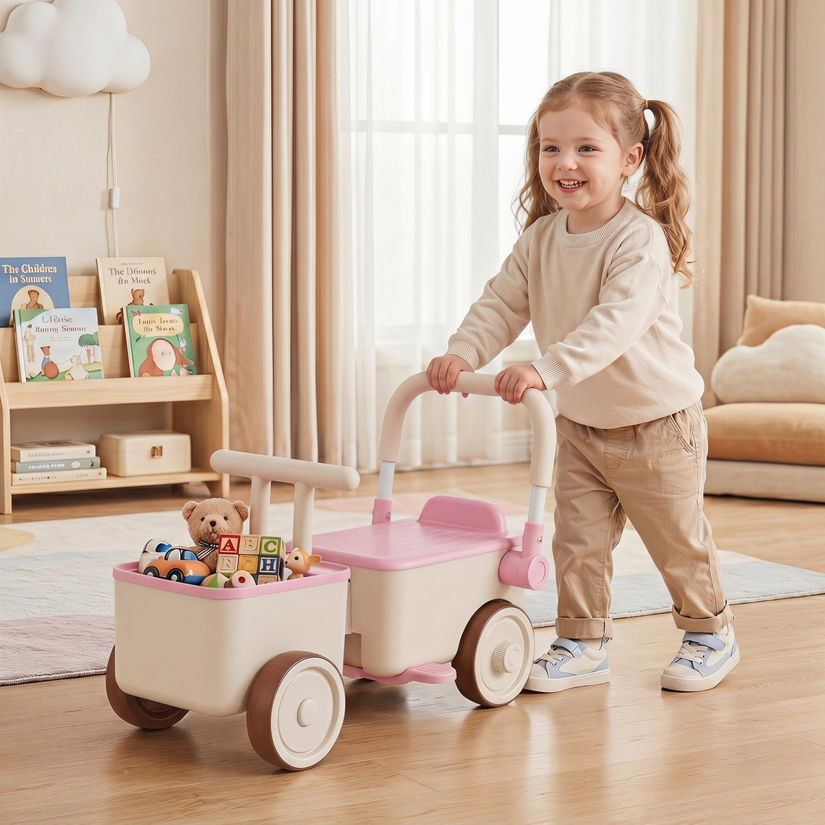 3-in-1 kids ride-on push car with tow rope and storage basket by GBruno Store, view 9