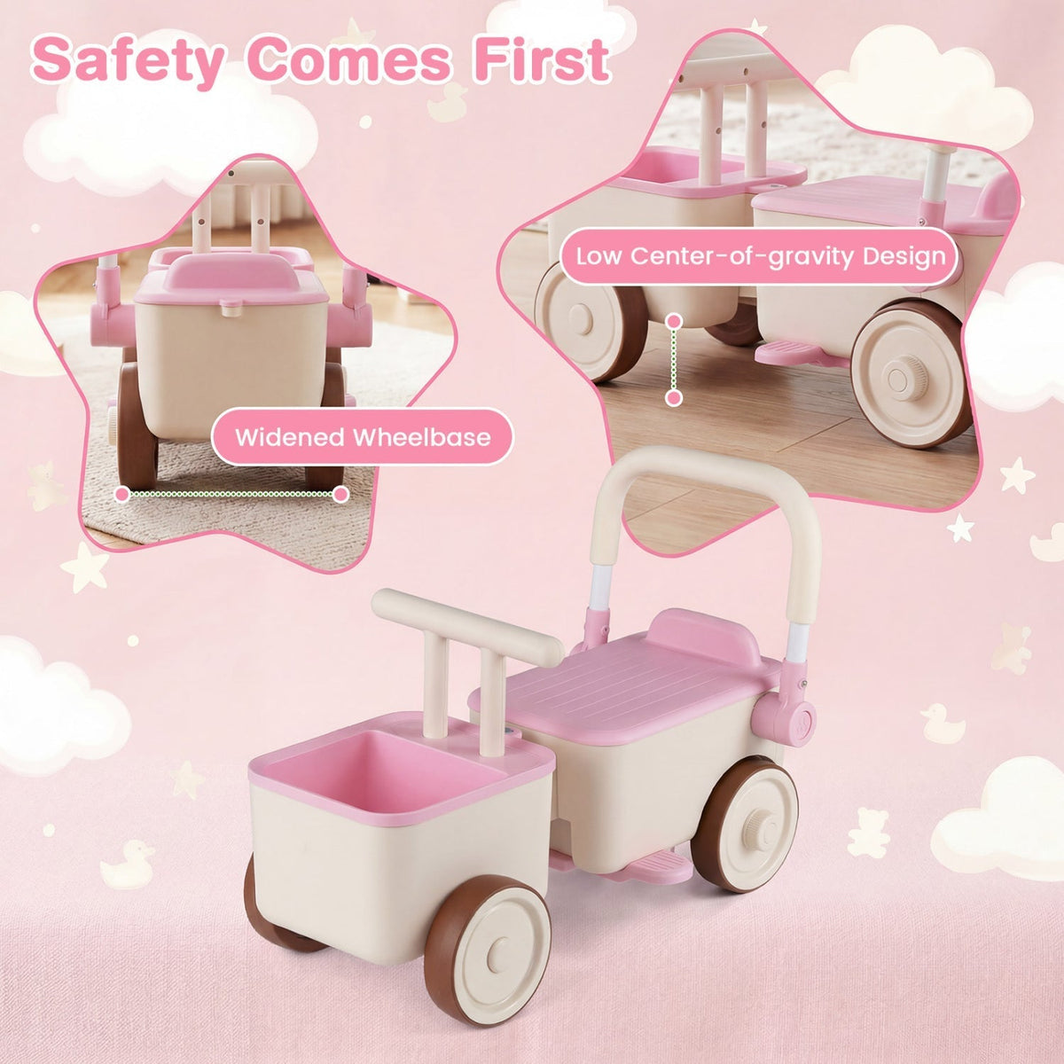 3-in-1 kids ride-on push car with tow rope and storage basket by GBruno Store, view 15