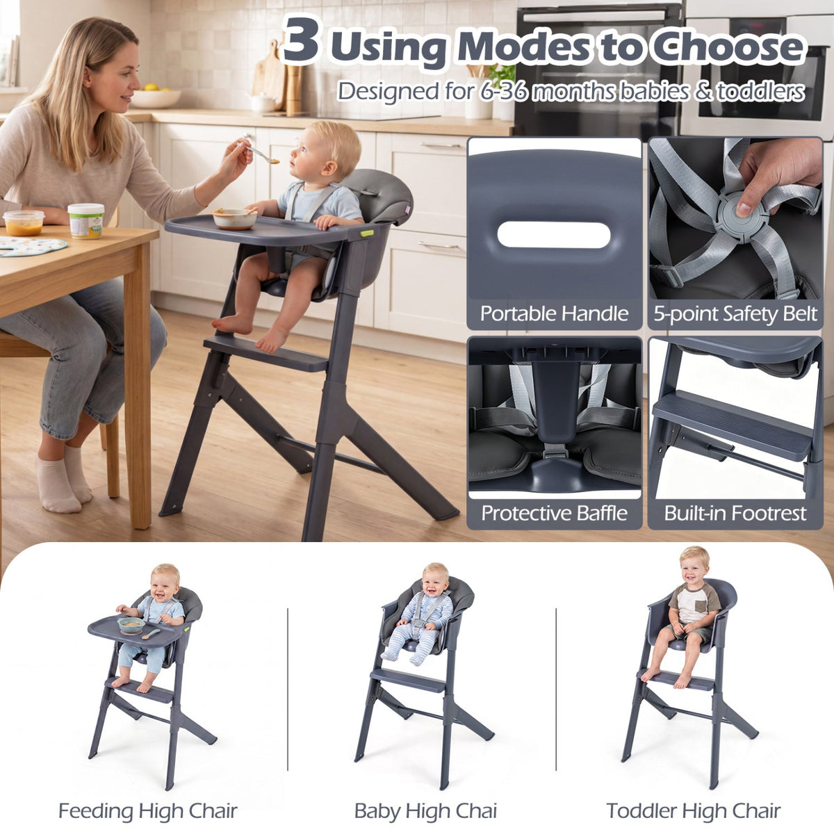 3-in-1 washable baby high chair with tray and footrest by GBruno Store, view 5