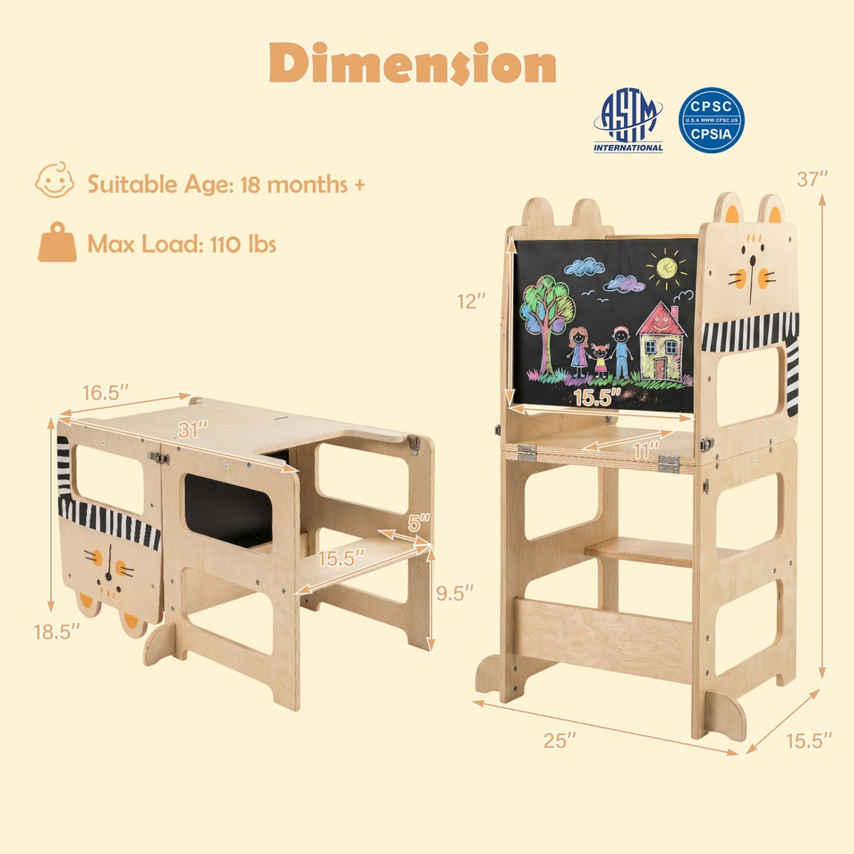 3-in-1 wooden kids step stool with chalkboard by GBruno Store, view 5