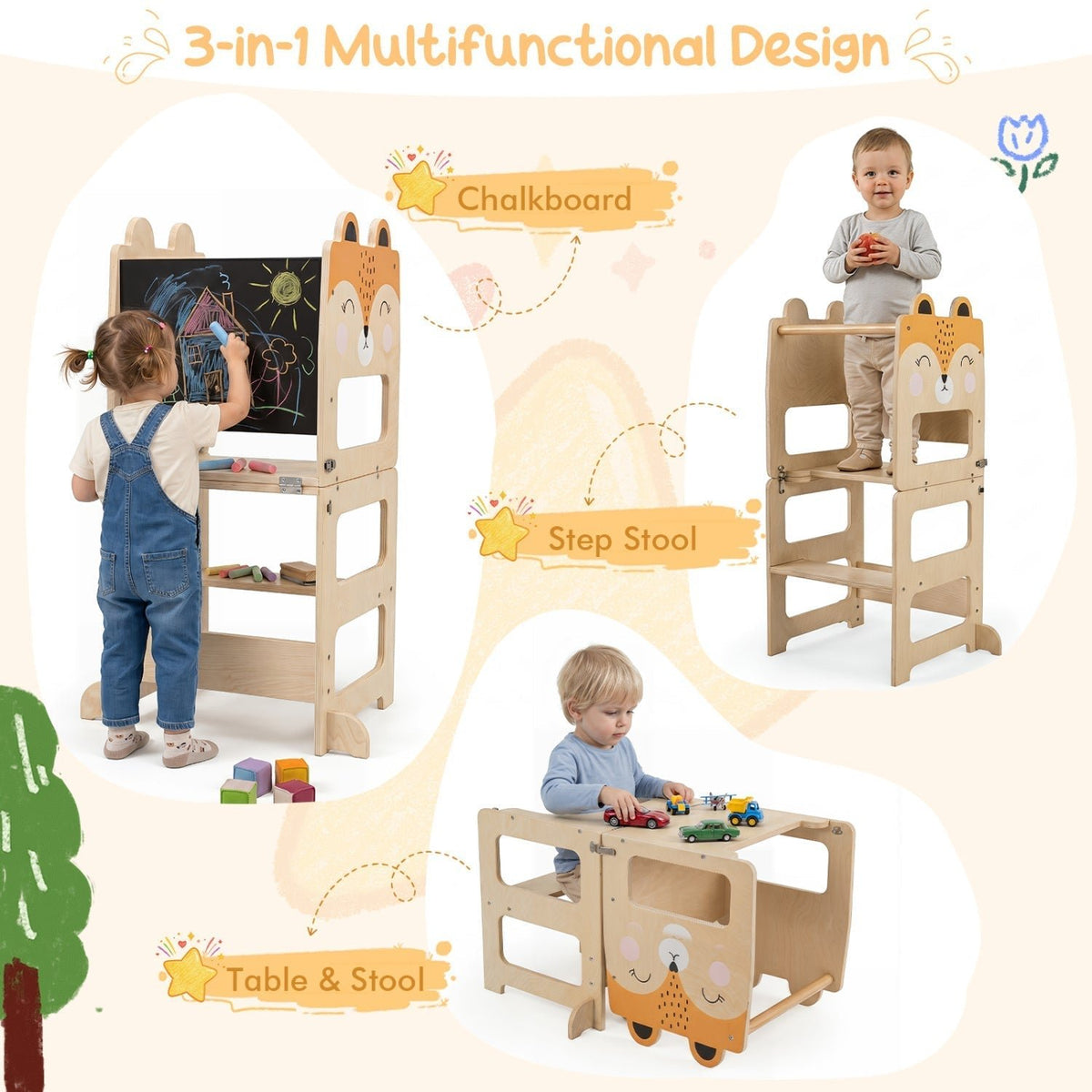 3-in-1 wooden kids step stool with chalkboard by GBruno Store, view 16