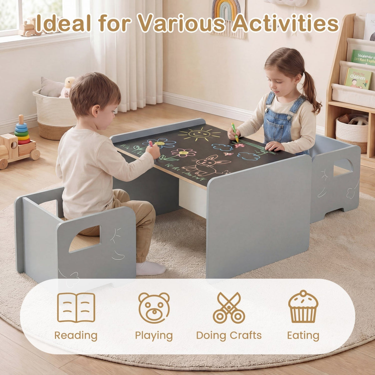 GBruno Store 3-piece toddler table and chairs set in gray or white, view 14