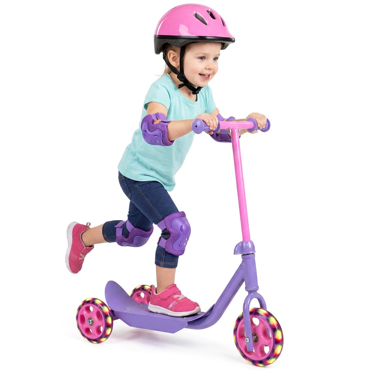 GBruno Store 3-wheel toddler scooter with LED wheels in pink and purple, view 3