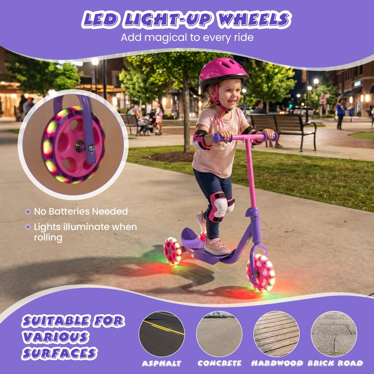 GBruno Store 3-wheel toddler scooter with LED wheels in pink and purple, view 7