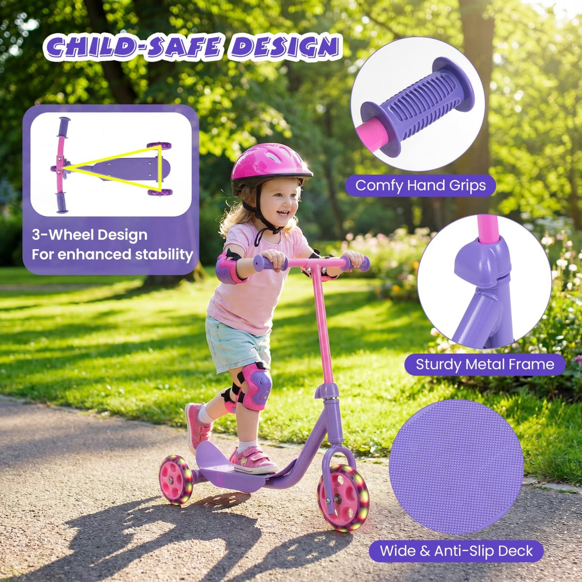 GBruno Store 3-wheel toddler scooter with LED wheels in pink and purple, view 6