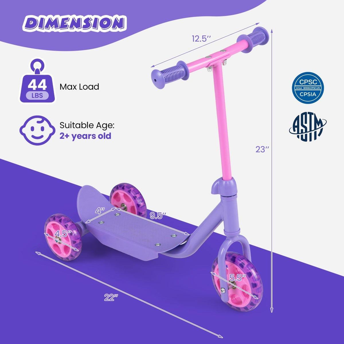 GBruno Store 3-wheel toddler scooter with LED wheels in pink and purple, view 4