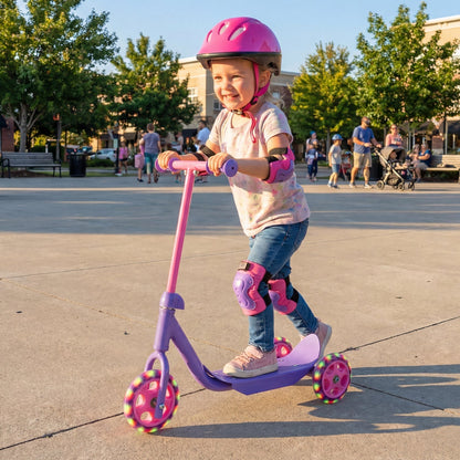 GBruno Store 3-wheel toddler scooter with LED wheels in pink and purple, view 2