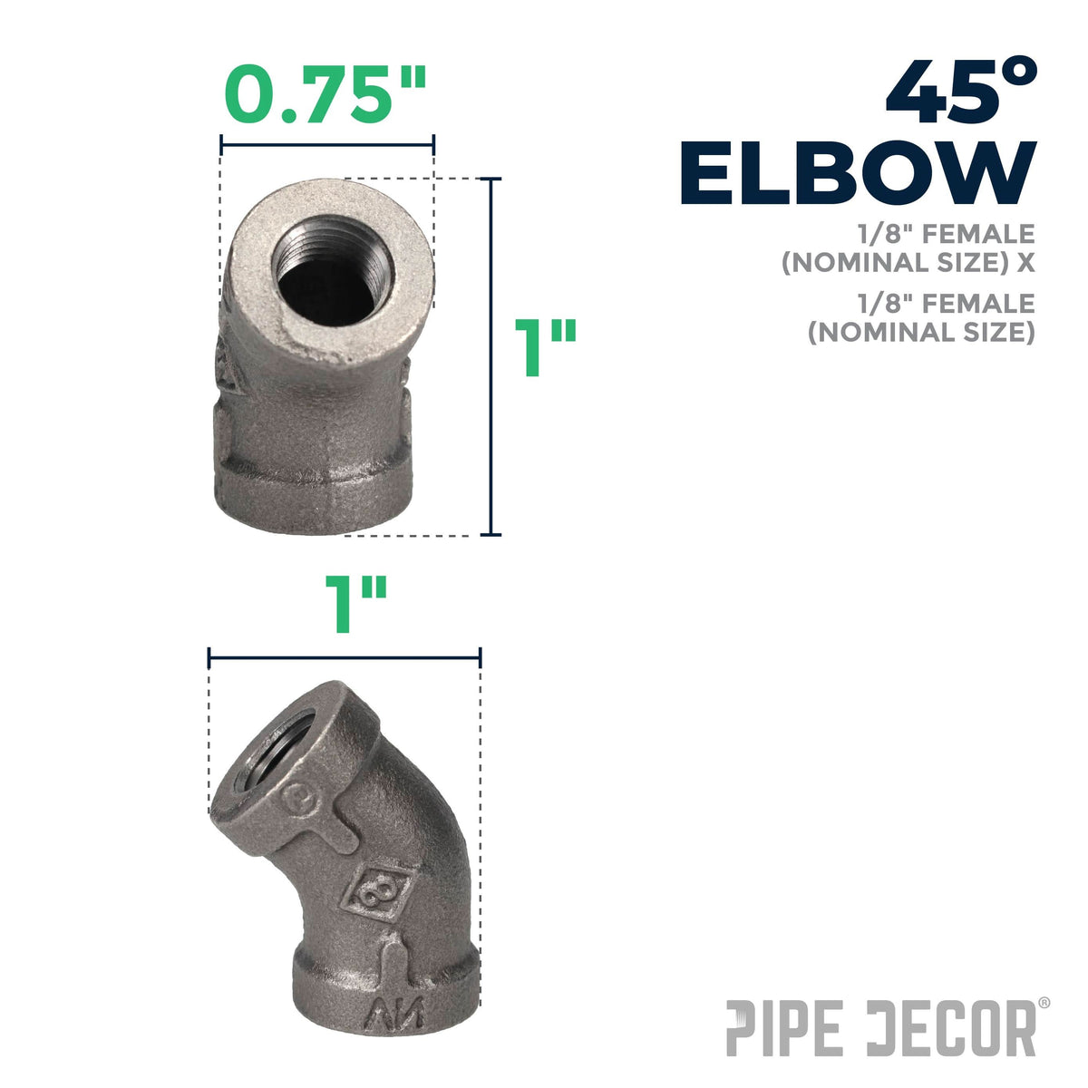 PIPE DECOR 1/8 in. black iron 45 degree elbow pipe fitting, view 2