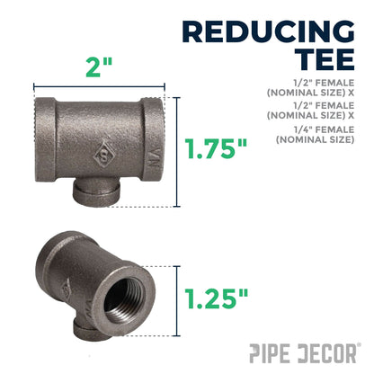 PIPE DECOR 1/2 in. x 1/2 in. x 1/4 in. black iron reducing tee pipe fitting, view 2