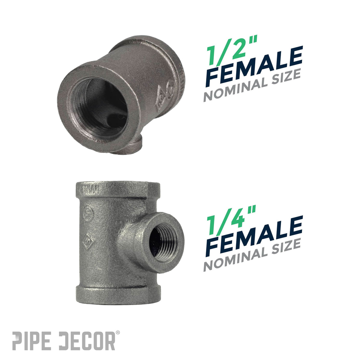 PIPE DECOR 1/2 in. x 1/2 in. x 1/4 in. black iron reducing tee pipe fitting, view 3