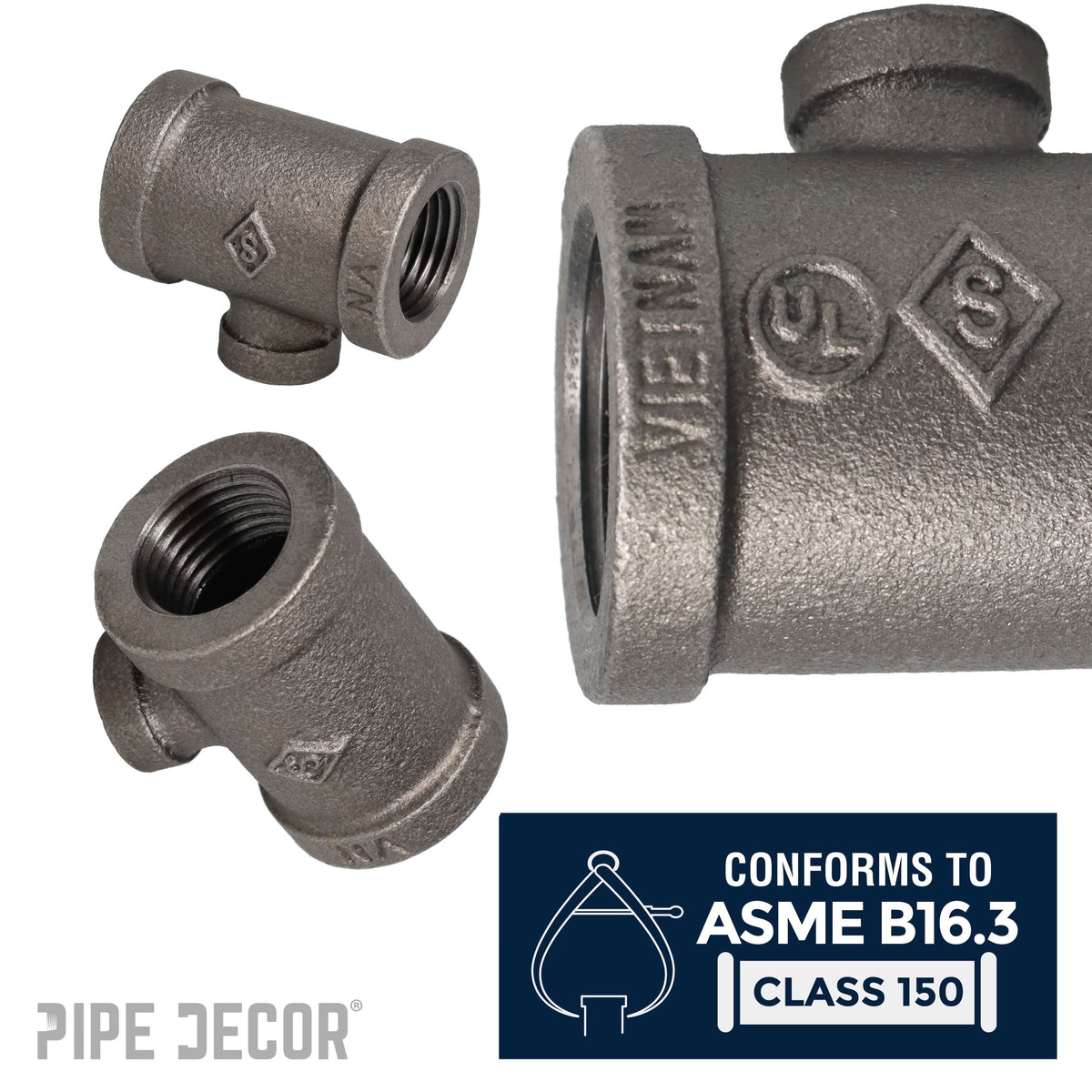 PIPE DECOR 1/2 in. x 1/2 in. x 1/4 in. black iron reducing tee pipe fitting, view 4