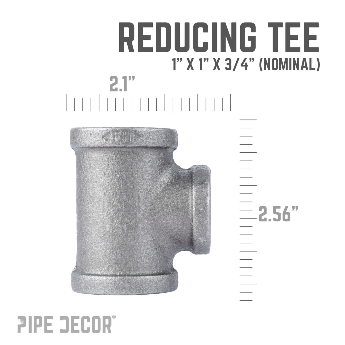 PIPE DECOR 1 in. x 1 in. x 3/4 in. black iron reducing tee pipe fitting, view 3