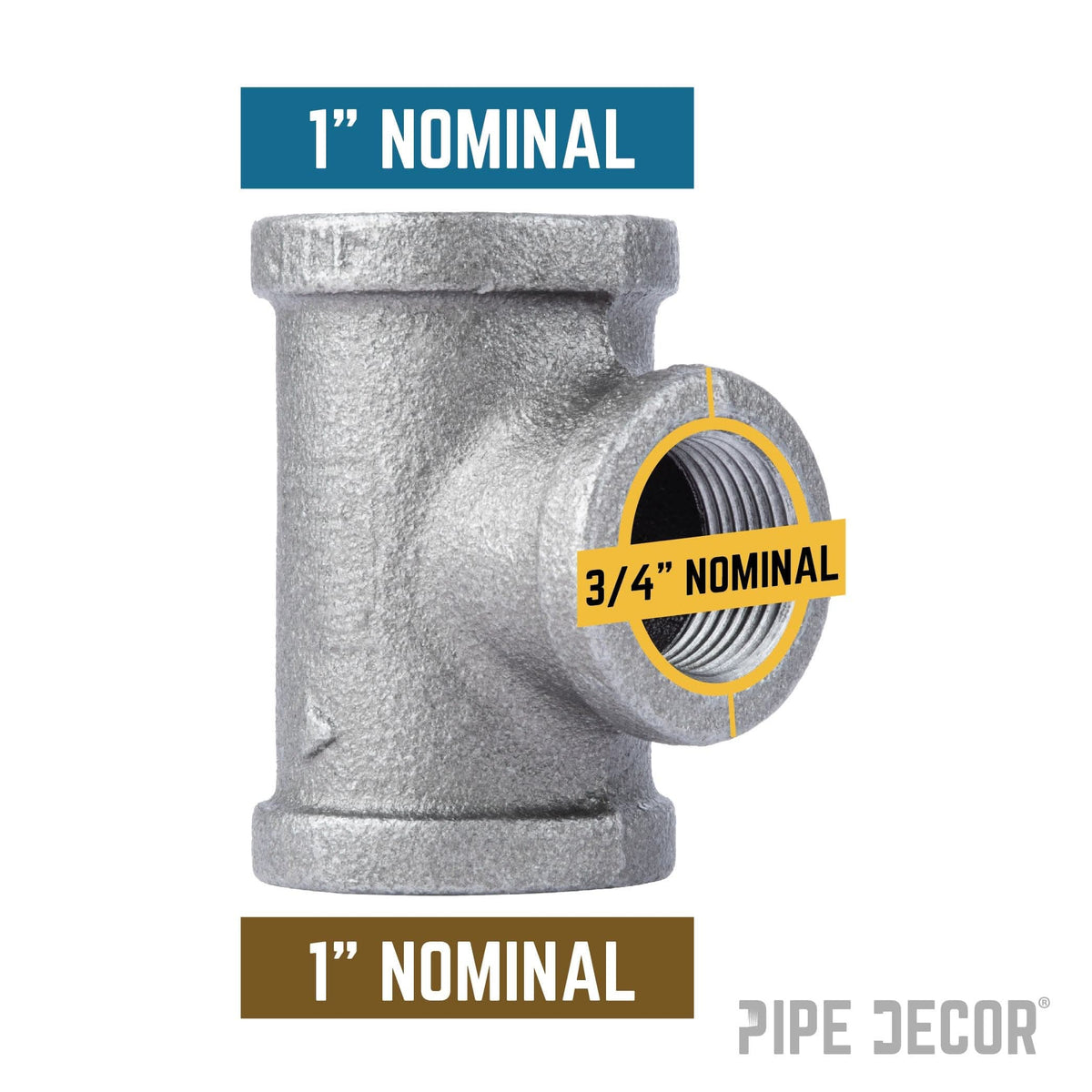 PIPE DECOR 1 in. x 1 in. x 3/4 in. black iron reducing tee pipe fitting, view 2