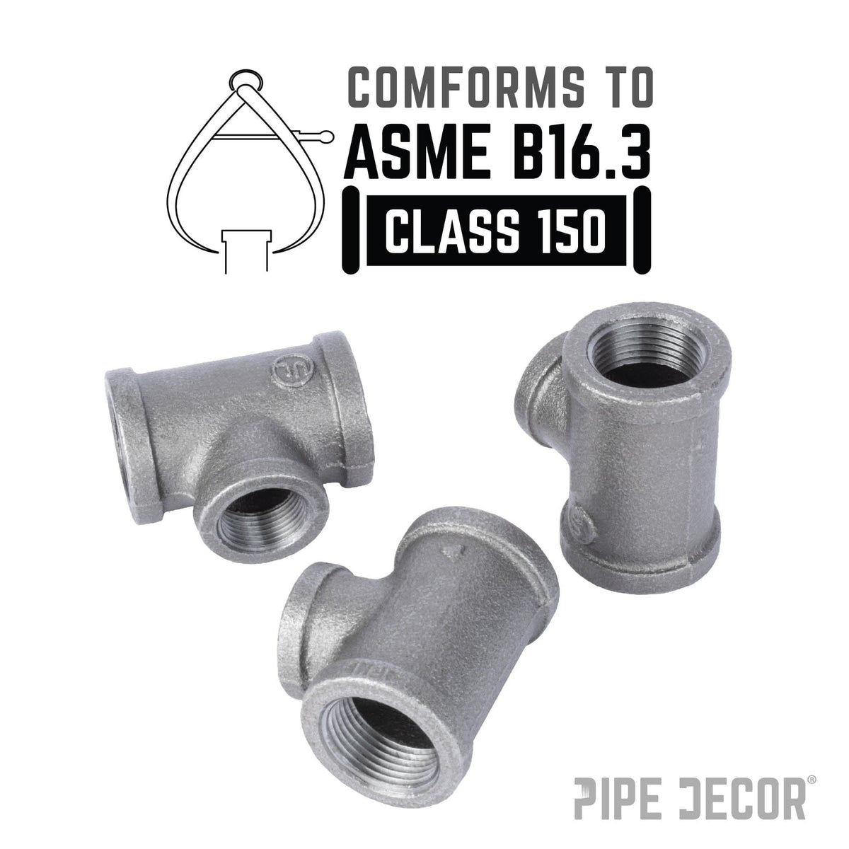 PIPE DECOR 1 in. x 1 in. x 3/4 in. black iron reducing tee pipe fitting, view 4