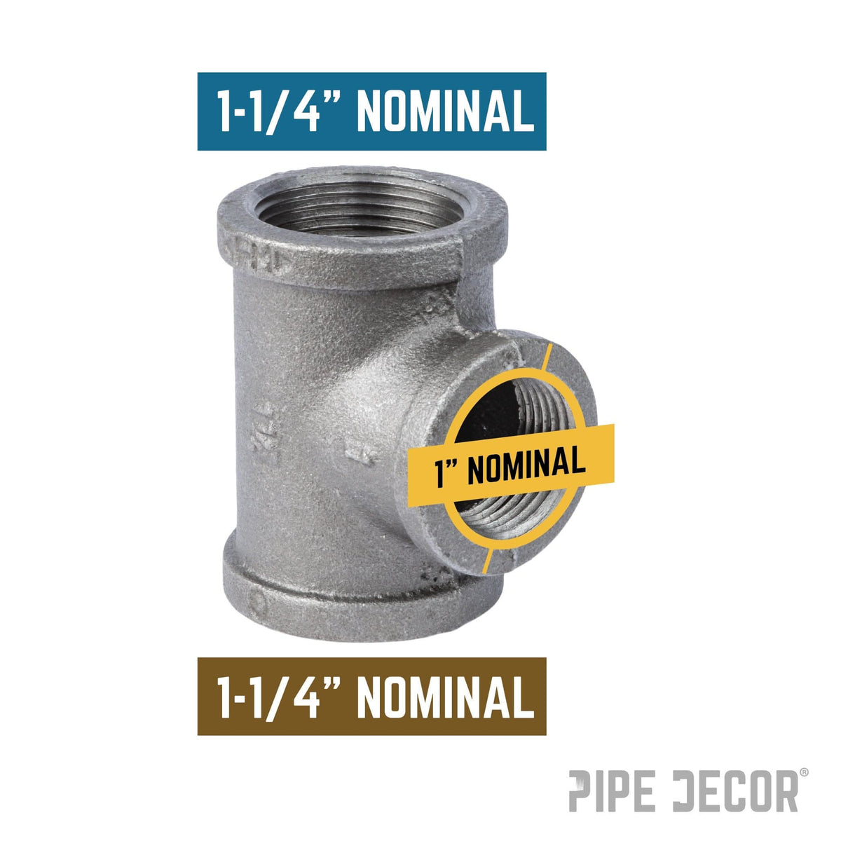PIPE DECOR 1-1/4 in. x 1-1/4 in. x 1 in. black iron reducing tee pipe fitting