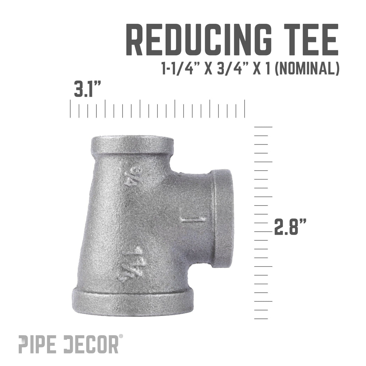 PIPE DECOR 1-1/4 in. x 3/4 in. x 1 in. black iron reducing tee pipe fitting, view 3