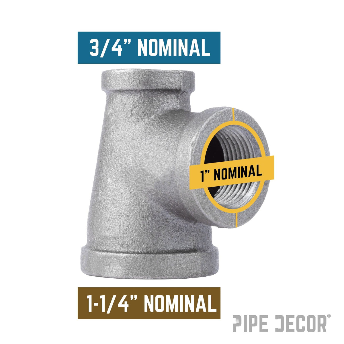 PIPE DECOR 1-1/4 in. x 3/4 in. x 1 in. black iron reducing tee pipe fitting, view 2