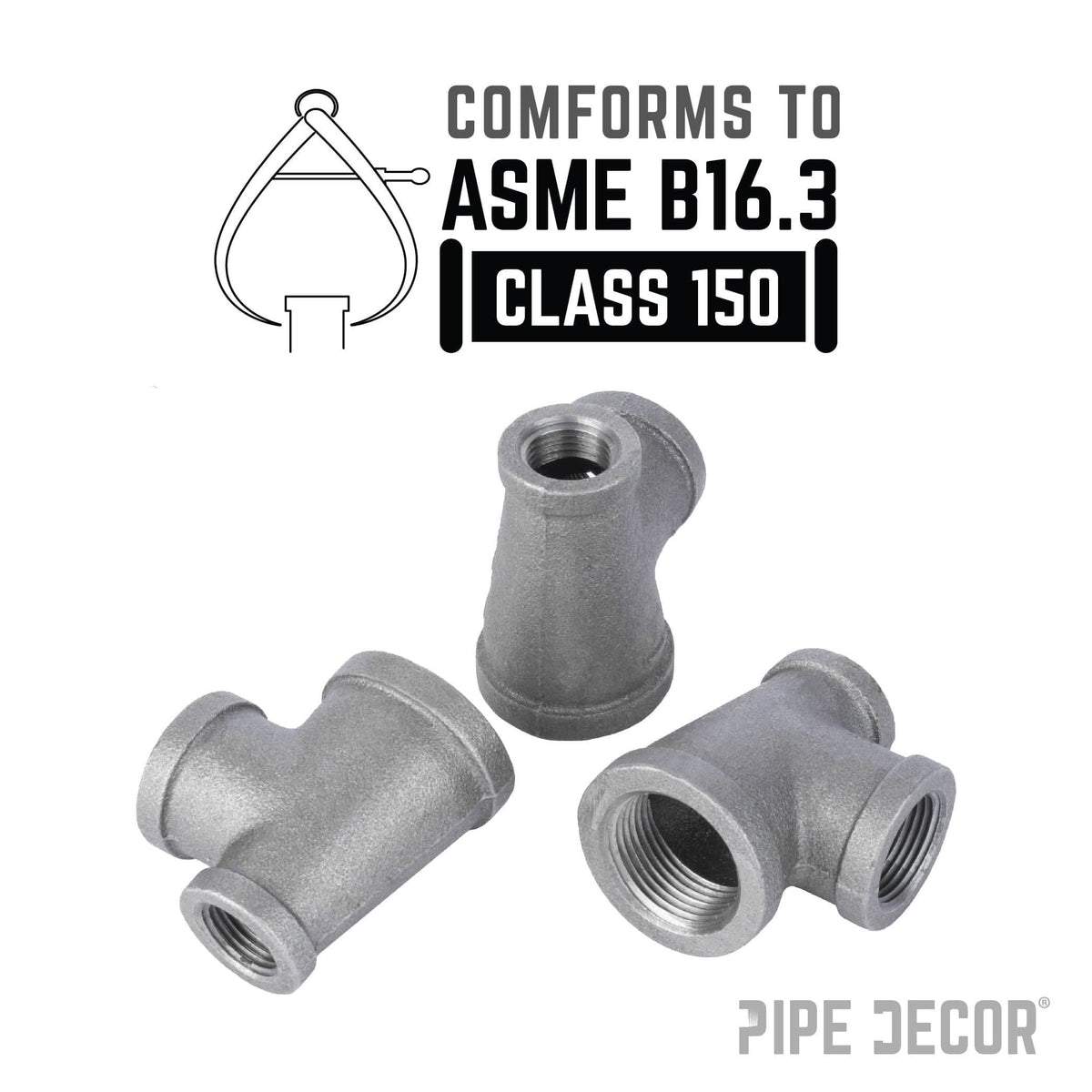 PIPE DECOR 1-1/4 in. x 3/4 in. x 1 in. black iron reducing tee pipe fitting, view 4