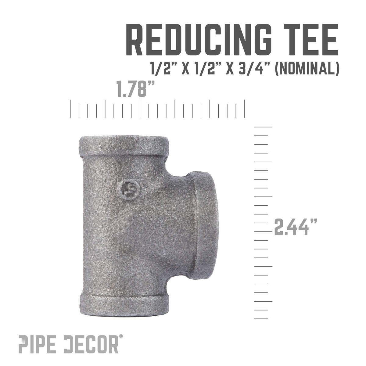 PIPE DECOR 1/2 in. x 1/2 in. x 3/4 in. black iron reducing tee pipe fitting, view 3