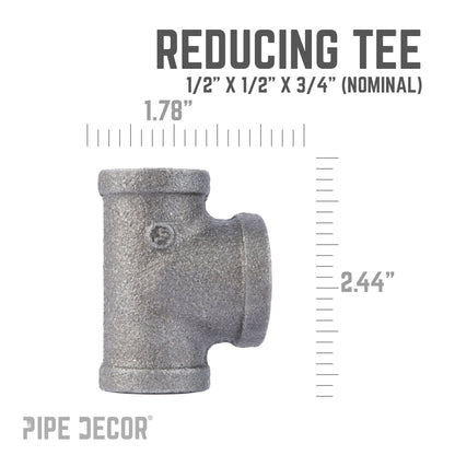 PIPE DECOR 1/2 in. x 1/2 in. x 3/4 in. black iron reducing tee pipe fitting, view 3