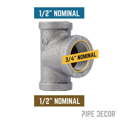 PIPE DECOR 1/2 in. x 1/2 in. x 3/4 in. black iron reducing tee pipe fitting, view 2