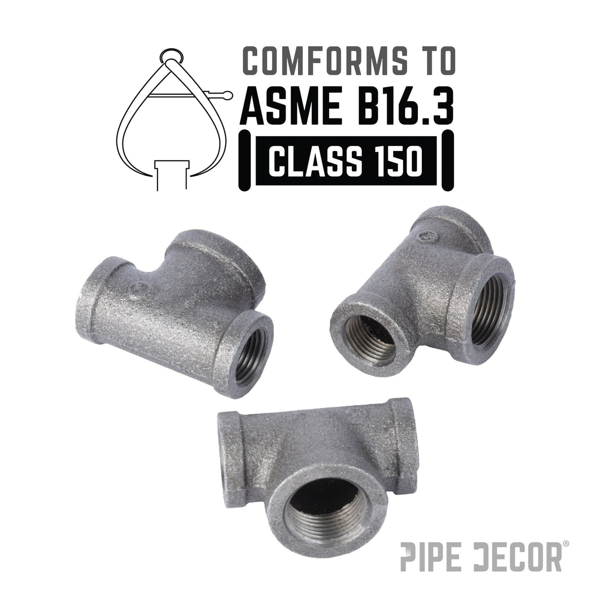 PIPE DECOR 1/2 in. x 1/2 in. x 3/4 in. black iron reducing tee pipe fitting, view 4