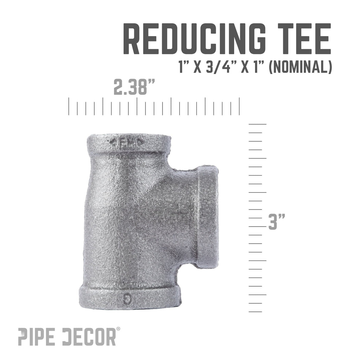 PIPE DECOR 1 in. x 3/4 in. x 1 in. black iron reducing tee pipe fitting, view 3