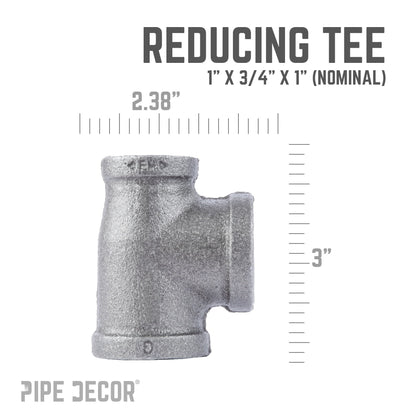 PIPE DECOR 1 in. x 3/4 in. x 1 in. black iron reducing tee pipe fitting, view 3