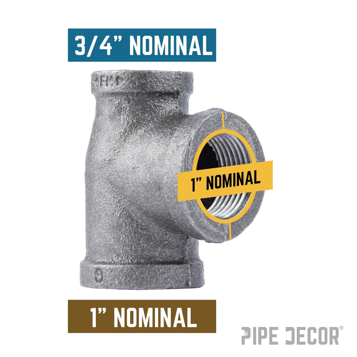 PIPE DECOR 1 in. x 3/4 in. x 1 in. black iron reducing tee pipe fitting, view 2