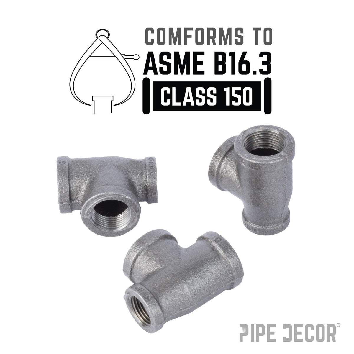 PIPE DECOR 1 in. x 3/4 in. x 1 in. black iron reducing tee pipe fitting, view 4