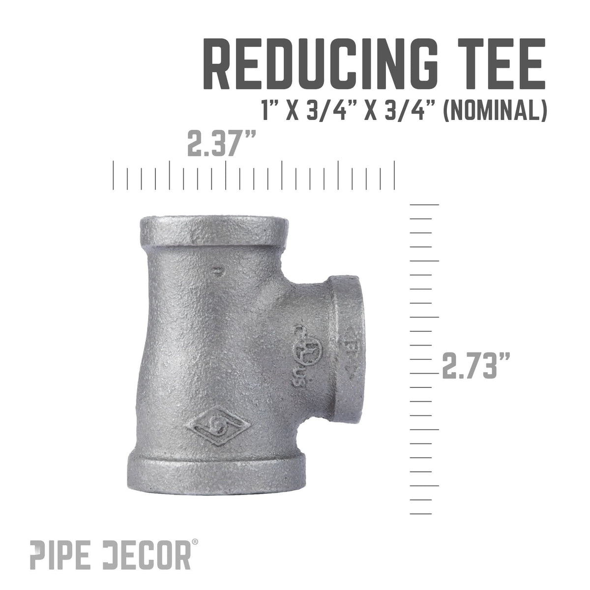 PIPE DECOR 1 in. x 3/4 in. x 3/4 in. black iron reducing tee pipe fitting, view 3