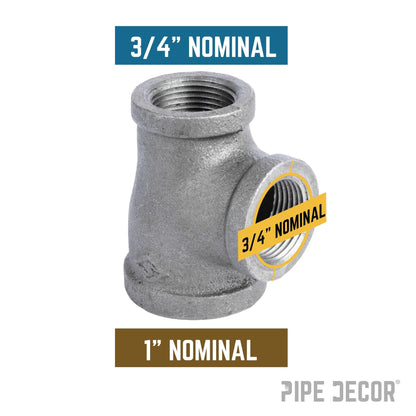 PIPE DECOR 1 in. x 3/4 in. x 3/4 in. black iron reducing tee pipe fitting, view 2