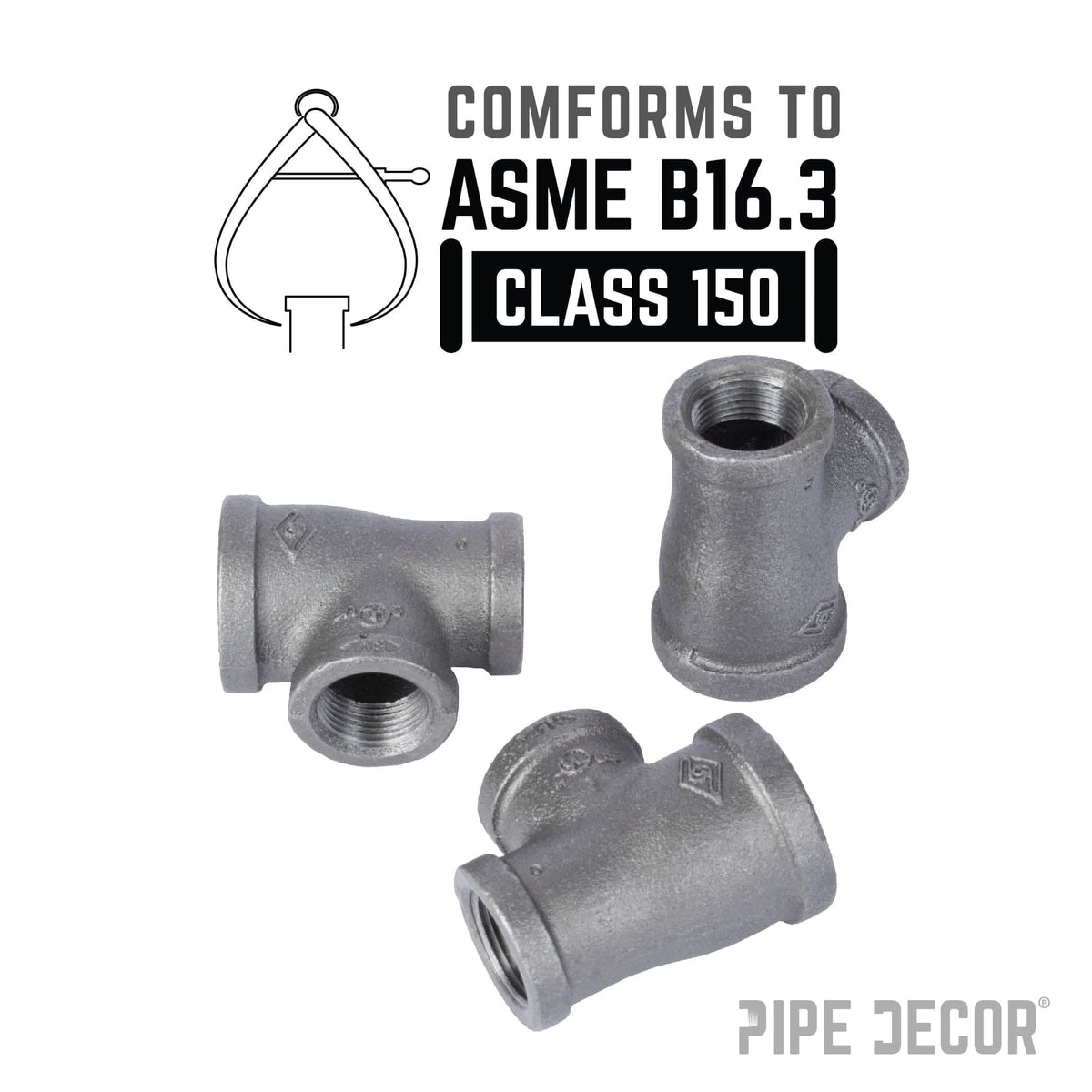 PIPE DECOR 1 in. x 3/4 in. x 3/4 in. black iron reducing tee pipe fitting, view 4