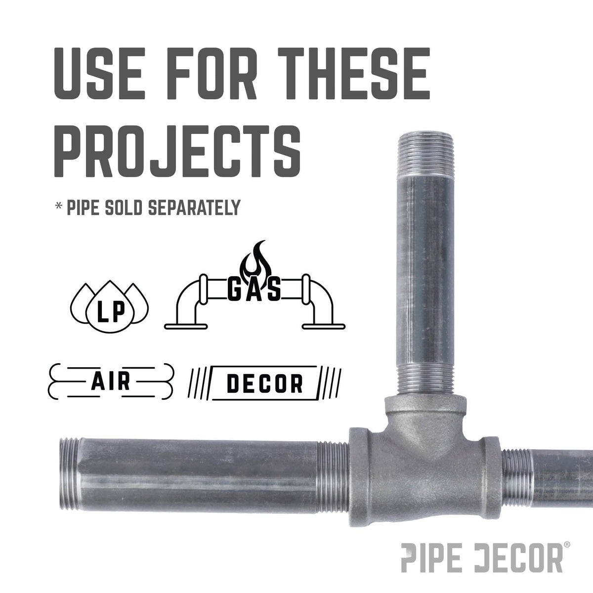 PIPE DECOR 1 in. x 3/4 in. x 3/4 in. black iron reducing tee pipe fitting, view 6