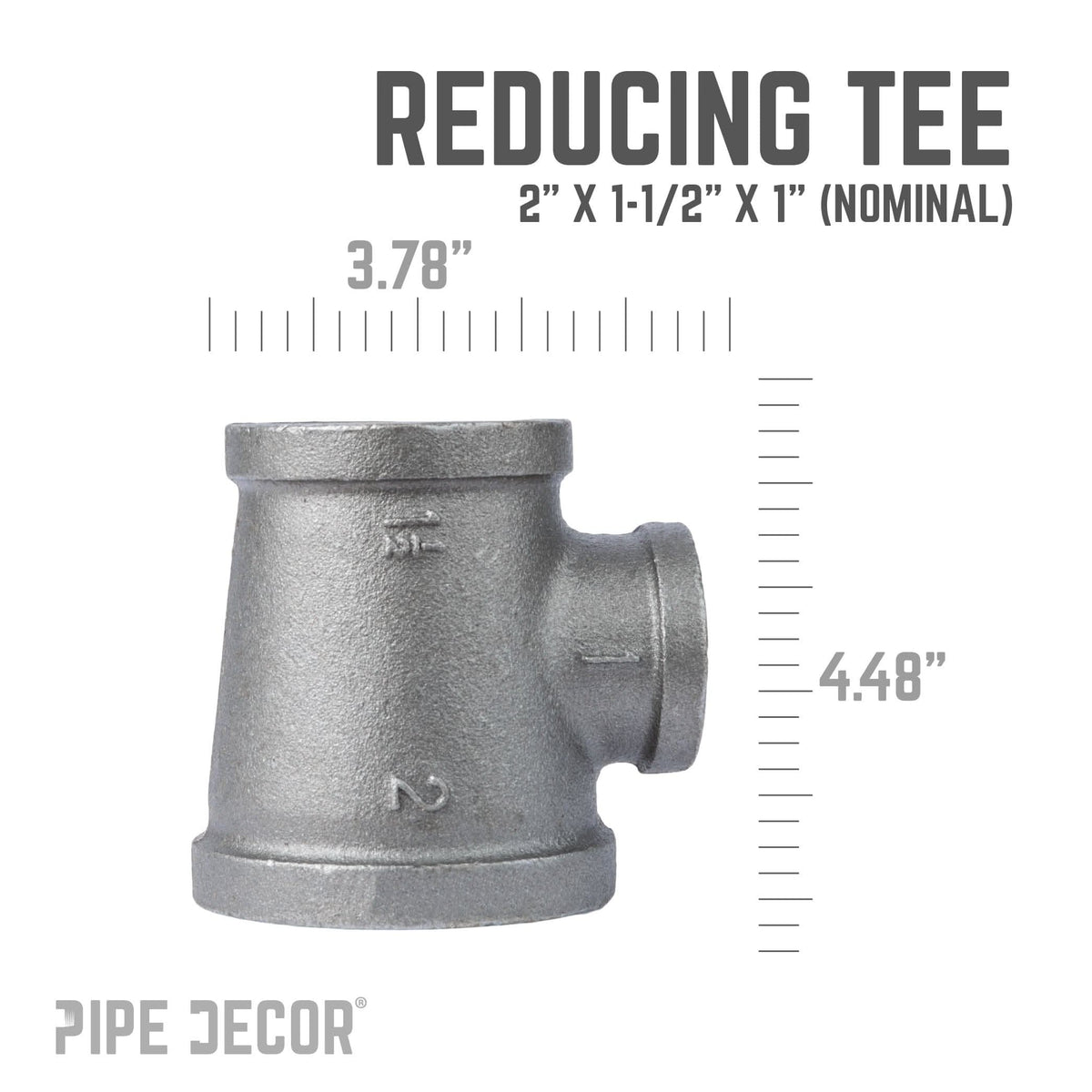 PIPE DECOR 2 in. x 1-1/2 in. x 1 in. black iron reducing tee pipe fitting, view 3